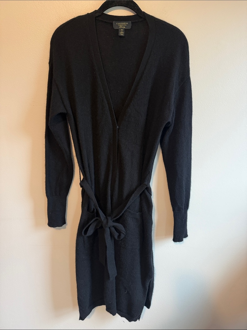 Charter Club Cashmere Black Long-Sleeve Belted Knit Cardigan Sweater, size PM